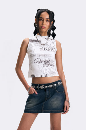 Mock Neck Graphic Slim Sleeveless Top