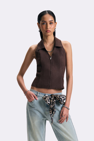 Suede Zip-Up Slim Cropped Vest