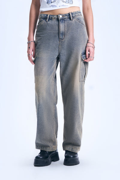 Washed Straight Cargo Jeans