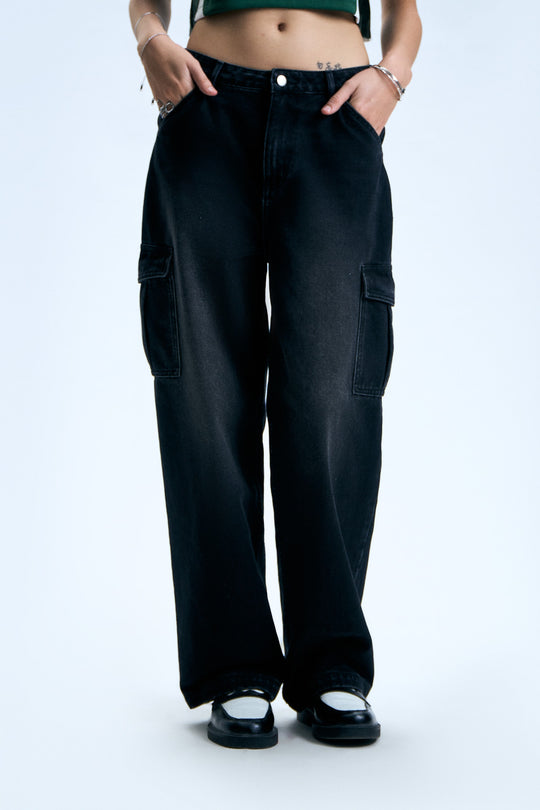 Washed Cargo Straight Jeans
