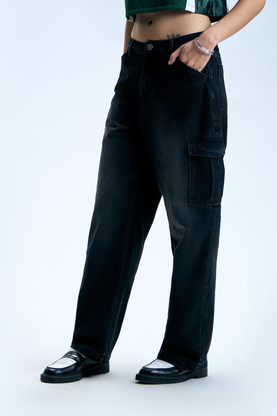 Washed Cargo Straight Jeans
