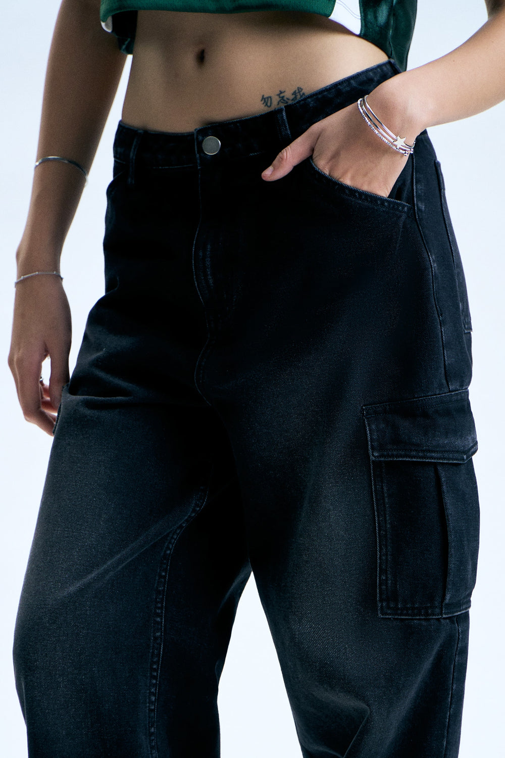 Washed Cargo Straight Jeans