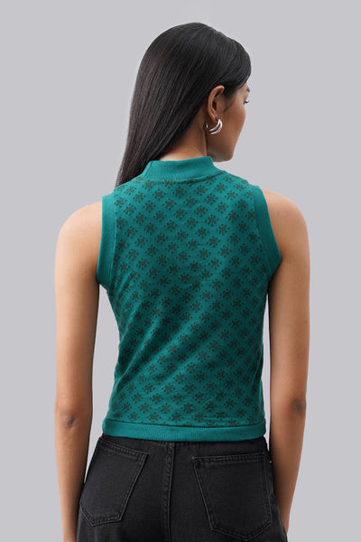 Jacquard All Over Print Turtle Neck Sleeveless Cropped Top
