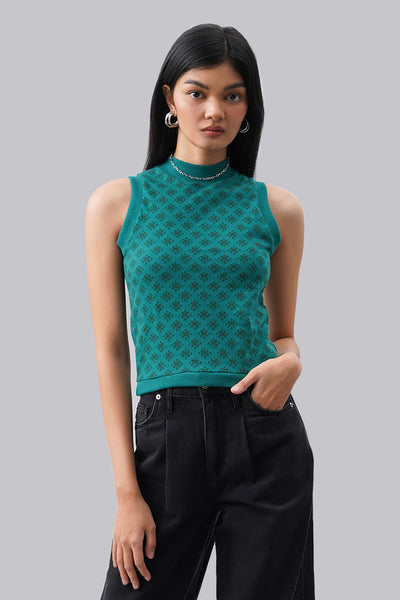 Jacquard All Over Print Turtle Neck Sleeveless Cropped Top