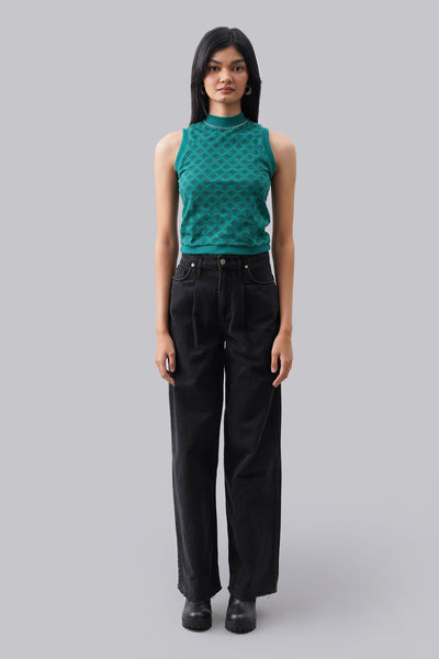 Jacquard All Over Print Turtle Neck Sleeveless Cropped Top