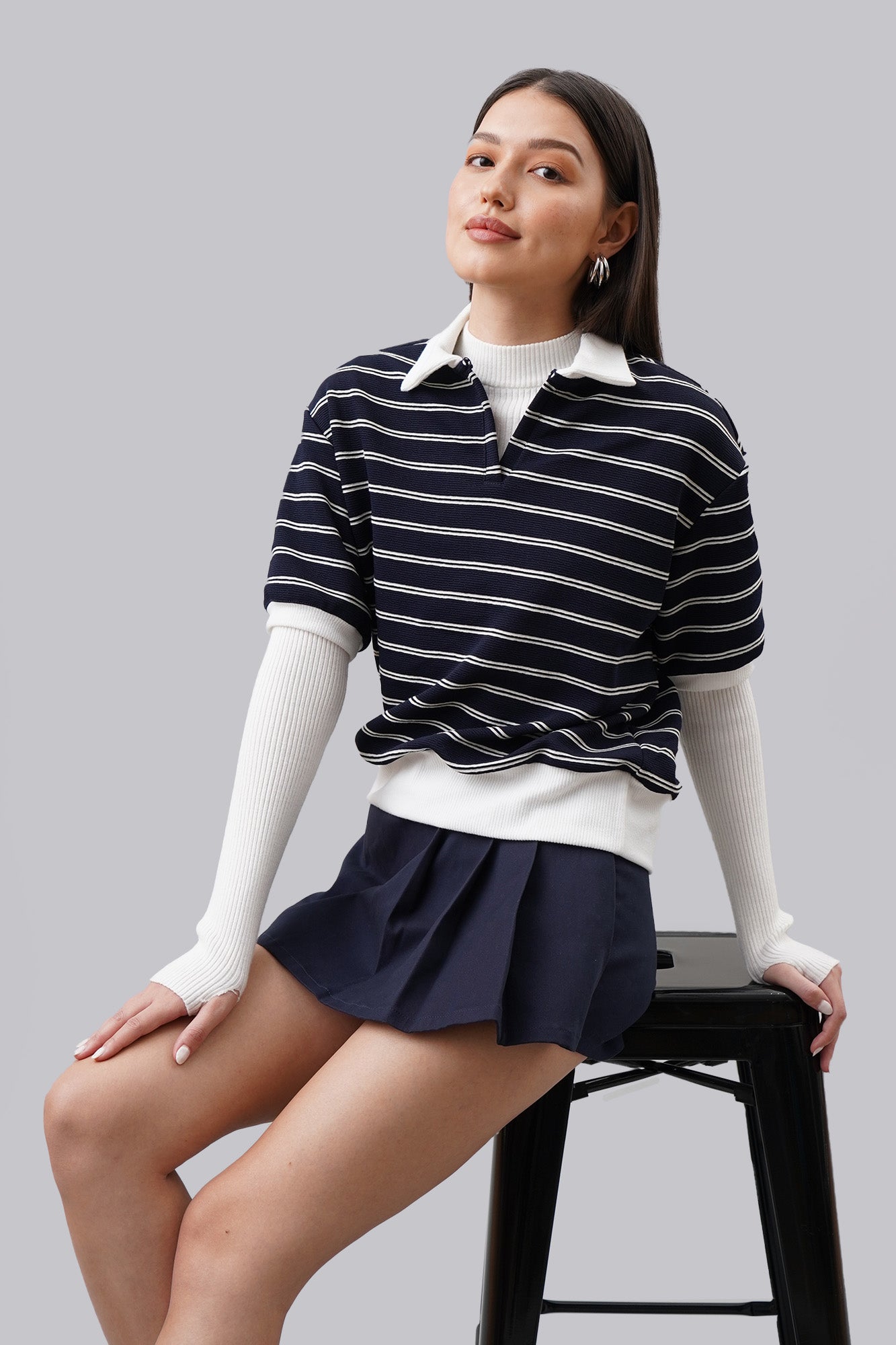 Semi Crop Stripe Polo Shirt